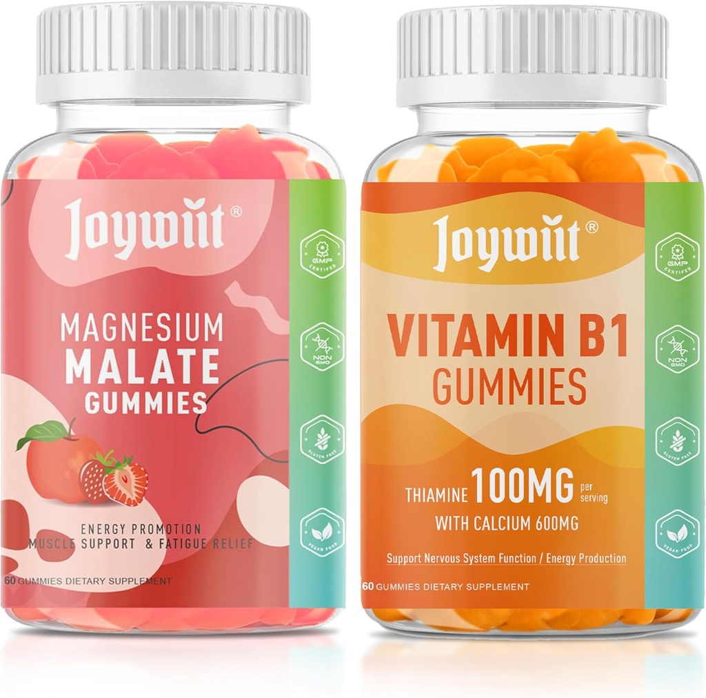 Magnezijev malat + L-teanin + CoQ10 + B6 (Strawberry) & tiamin B1 + kalcij (Orange) Gumiji, Stress Relief, Energy, Živec & Podpora kosti, Vegan Ne-GMO, 120 Žvečilni izdelki (2×60)