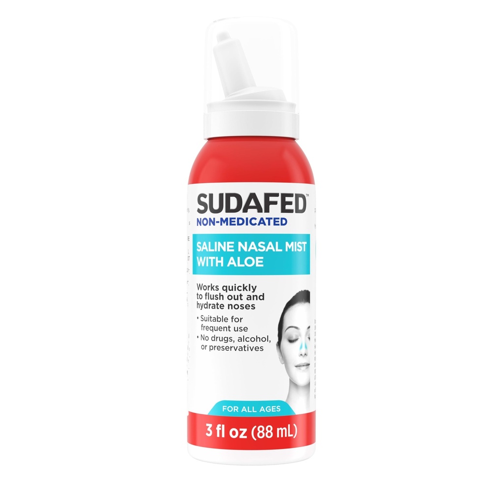 Sudafed ne-srednje Saline Nasal Mist z Aloe, Sinus Saline Nose Spray za vse starosti Hitro Flushes & Vlaži nosnih prehodov, Uporaba Nasal Mist kot pogosto, kot je potrebno, brez drog, 3 fl. oz