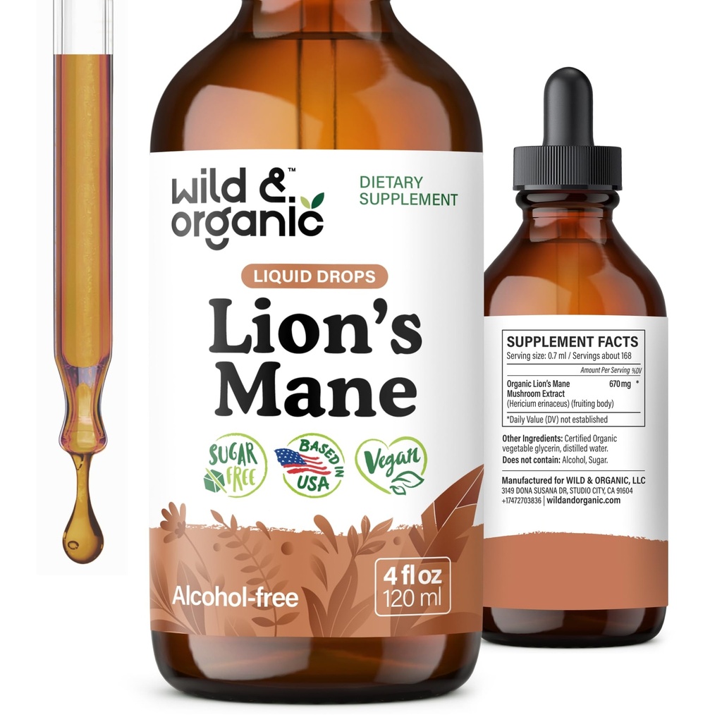 Tekoče kapljice za divje in organske leva - Brain & Focus Support - Lion's Mane Gobe Dodatek - Hericium Erinaceus Gobe Kapljice - Vegan, Sugar & Alkohol-free Extract Tinkture - 4 fl oz
