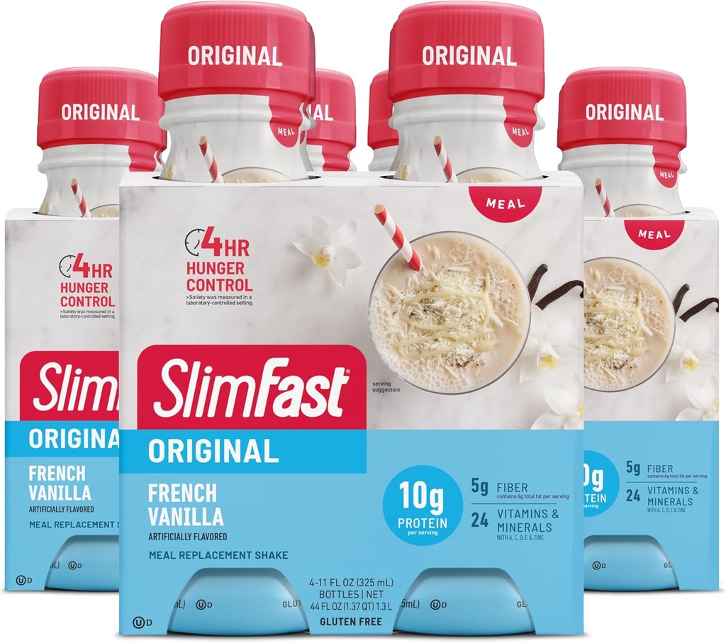SlimFast obrok zamenjava Shake, Original francoski Vanilla, 10g pripravljen za pitje beljakovin, 11 Fl. Oz steklenica, 4 Število (paket 3) (Packaging maj Vary)