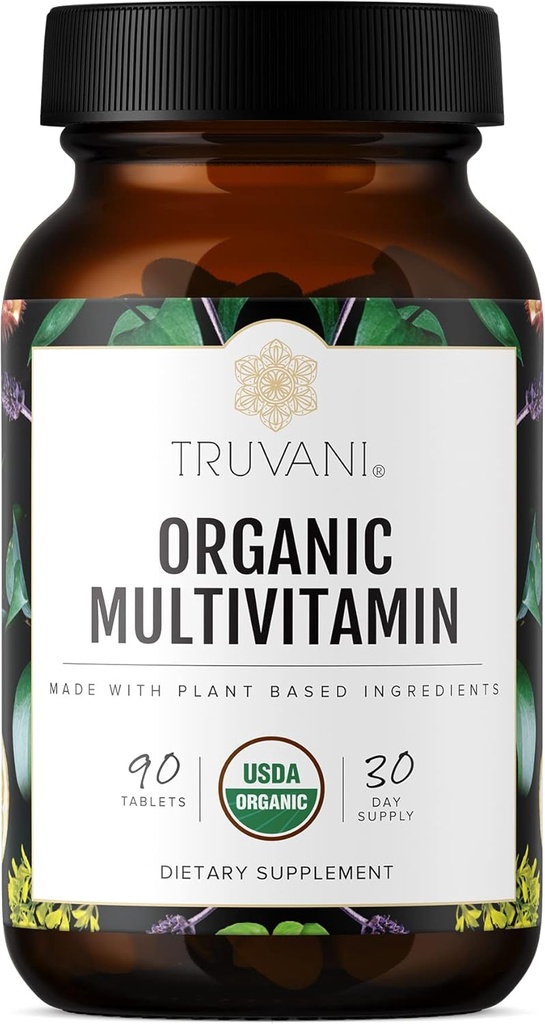 Truvani Daily Organic Multivitaminski dodatek - Veganske tablete, tablete brez gensko spremenjenih organizmov z železom in biotin - Mlečni izdelki, soja, & Gluten Free - 30 dni dobave (90 tablet)