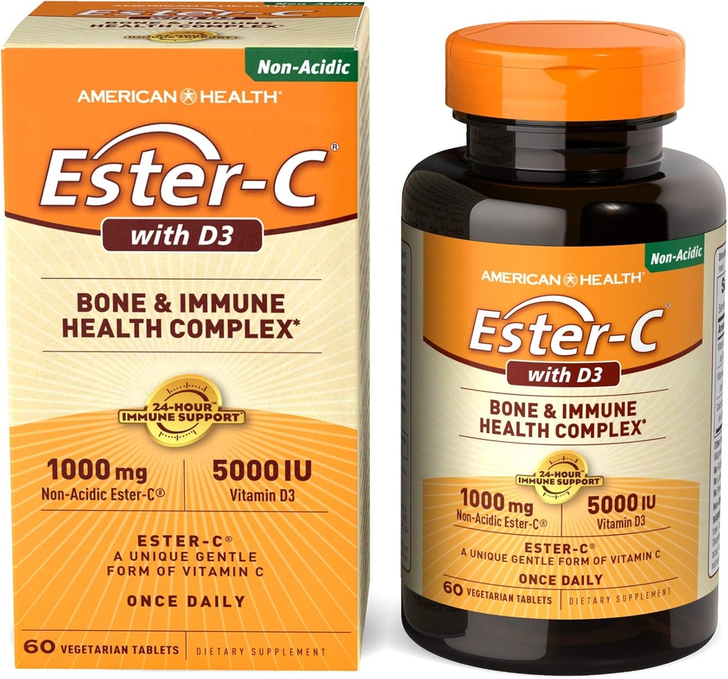 American Health EsterC z D3 Bone Immune Complex vegetarijanske tablete 24Hur Imune Support 1000 mg EsterC 5000 i.e. vitamin D3 Nonacid Vitamin C Servings, 60 število