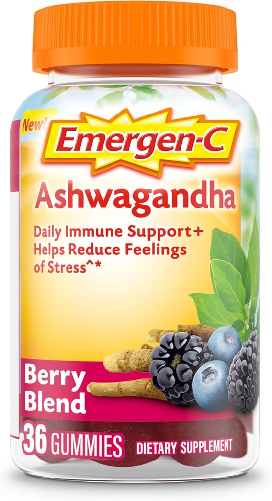 Emergen-C Vitamin C in Ashwagandha Gummies, Prehranska dopolnila za imuno podporo, Berry Mešanica, Nazaj v šolske esencials - 36 Count