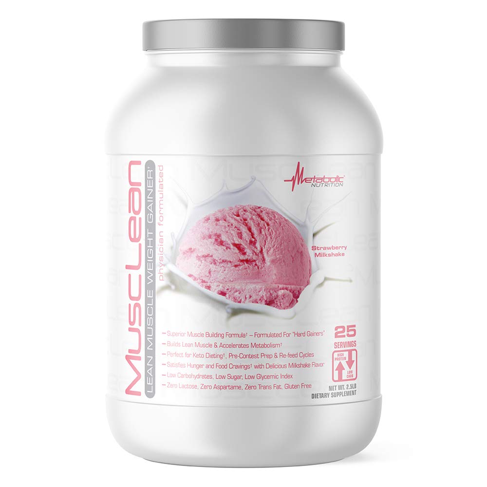 Presnovna prehrana - Musclean - Milkshake, Whey High Protein Meal Nadomestek, Vzdrževalna prehrana, Nizki ogljikovi hidrati, Keto prehrana, Prebavni encimi, Jagoda, 2,5 funt (25 serov)