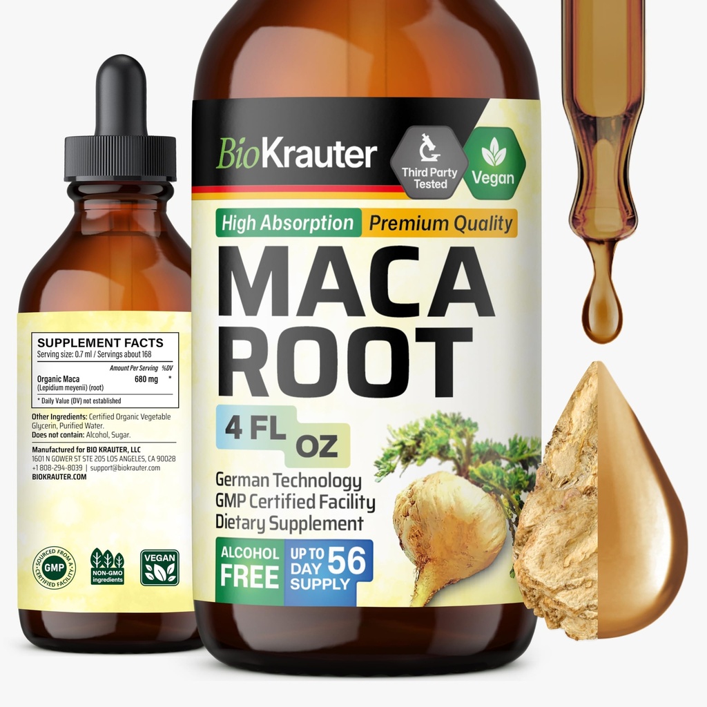 BIO KRAUTER Maca korenske tekoče kapljice - Maca ekstrakt tinktura - Vegan, izvleček brez sladkorja in alkohola 4 Fl.Oz.