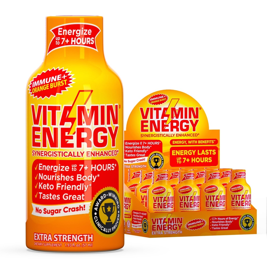 Vitamin Energija Imuno+ Ekstra moč Energija Shot Orange Burst 12 Pack, 260mg Naravni kofein, B-vitamini, Citicoline, Zeleni čaj, Immuniteta in fokus podpora, Nič sladkorja, Gluten-free 1,93 fl oz