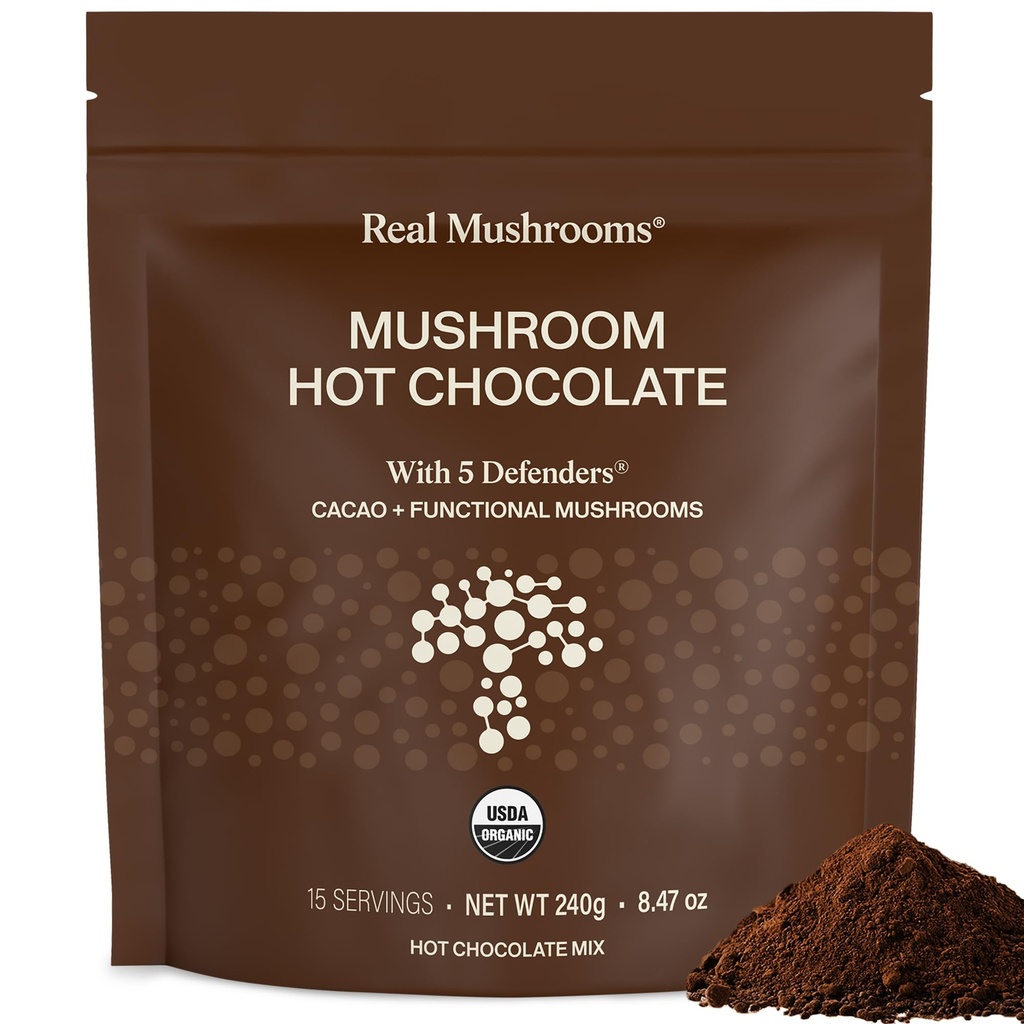 Prave gobe Organic Hot Chocolate Mix z Reishi, Turčija Tail, Chaga, Shiitake, Maitake – Cacao Powder Organic Goba– 5 Branilci gob Cacao Powder, Vegan, Gluten-free, 15 Servinges