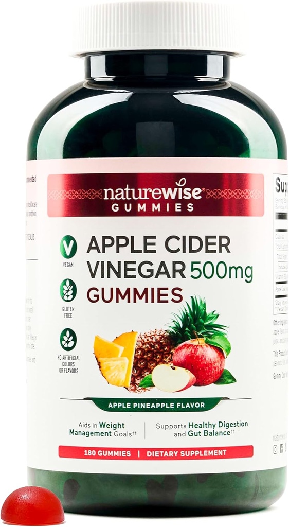 NatureWise Apple Cider Vinegar Gummies - 1000mg ACV na 2 + vitamin B12 - Pectin Based Vegan, Gluten-free, Non-GMO - 180 Count[90-Day Supply for 1000mg or 6-Month Supply for 500mg]