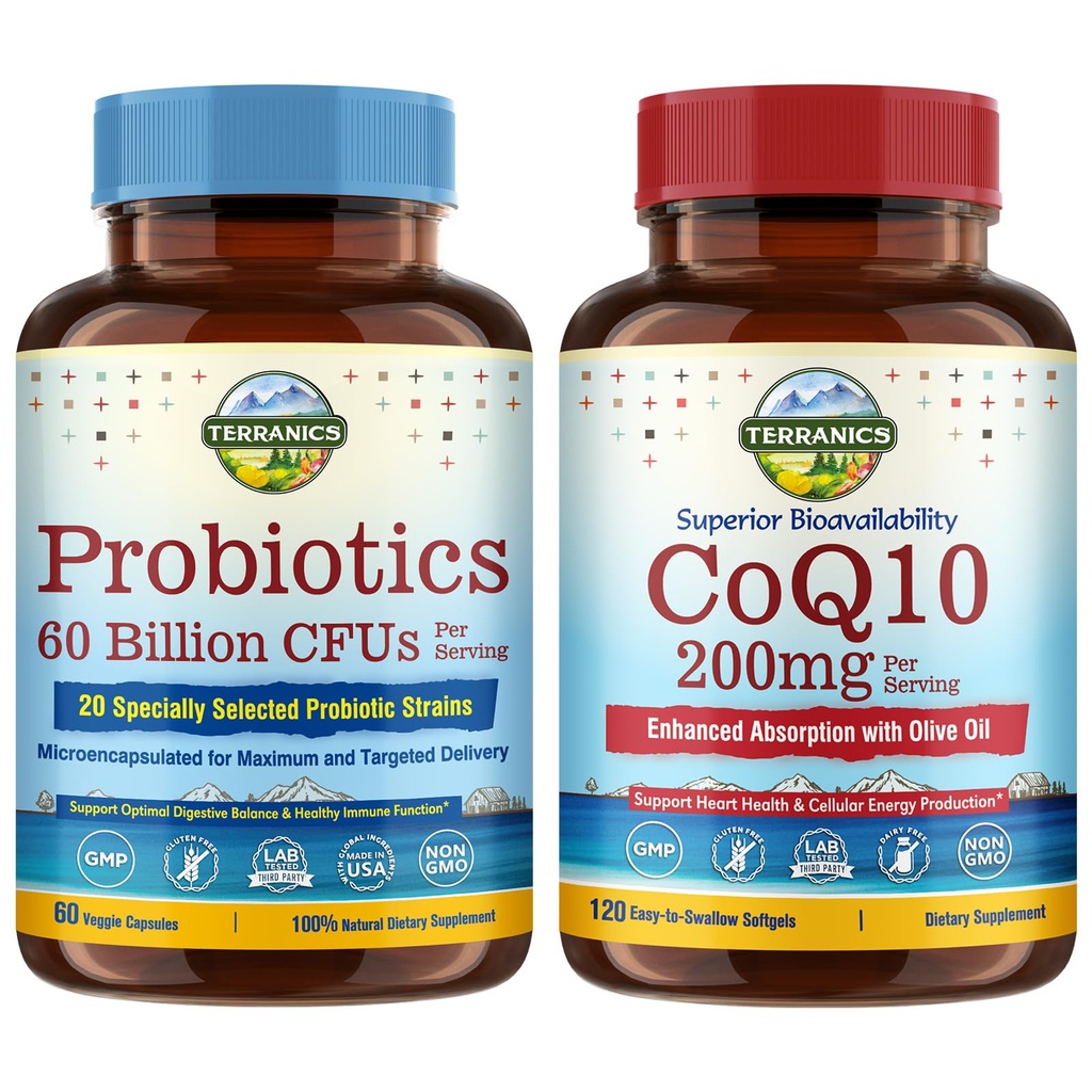 Teranike Probiotiki & CoQ10 Bunde, Health & Digestion, 60 milijard probiotiki, Bioaktivni koencim Q10 200mg, ekstra deviško oljčno olje, svežnje in shranjevanje