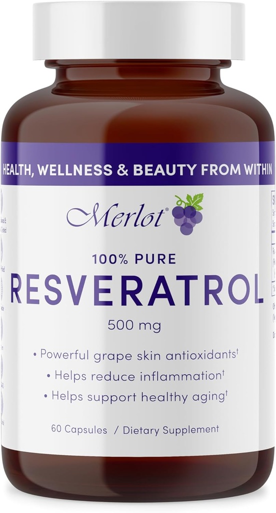 Merlot Resveratrol 500mg Kapsule - 60 Count - Lepota v okviru AntiAging dodatek Non GSO Gluten brez gluten- Izdelano v ZDA