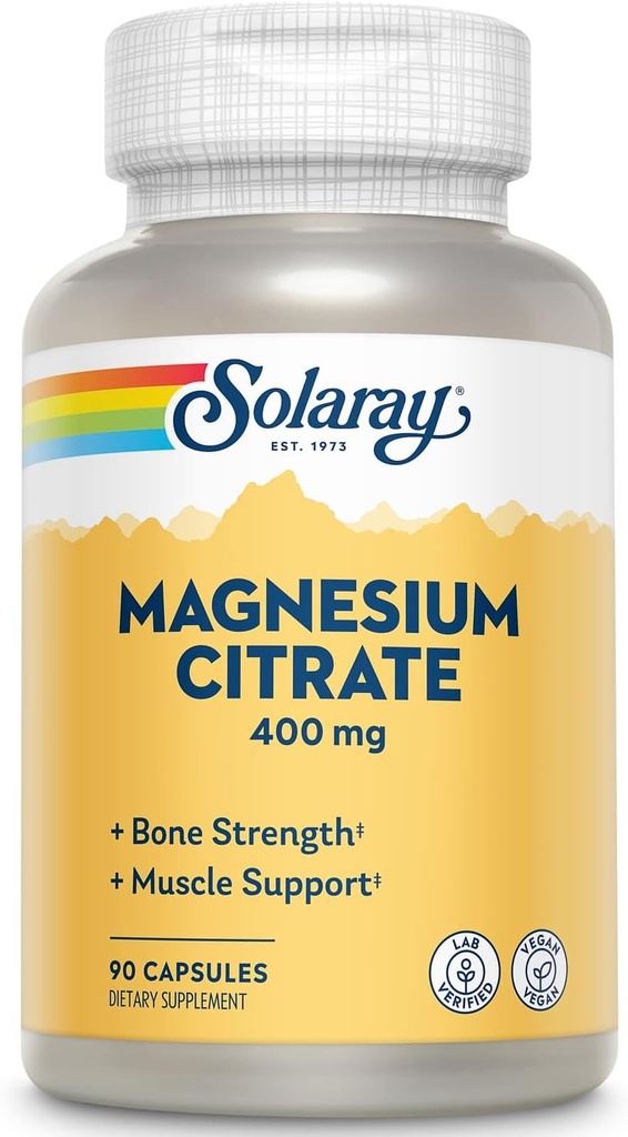 Solaray Magnezijev citrat - čiste kapsule magnezijevega citrata, dodatek za mirno, zdravje kosti, celično energijo, podporo srcu in mišicam, 400mg na serviranje - 90 veganskih kapsul (paket po 2)