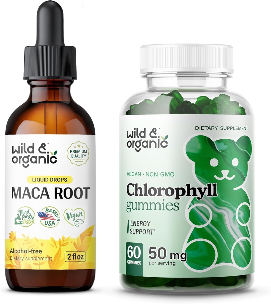 Divji in organski koren Maca Tinkture 2 fl oz in klorofil Gumies