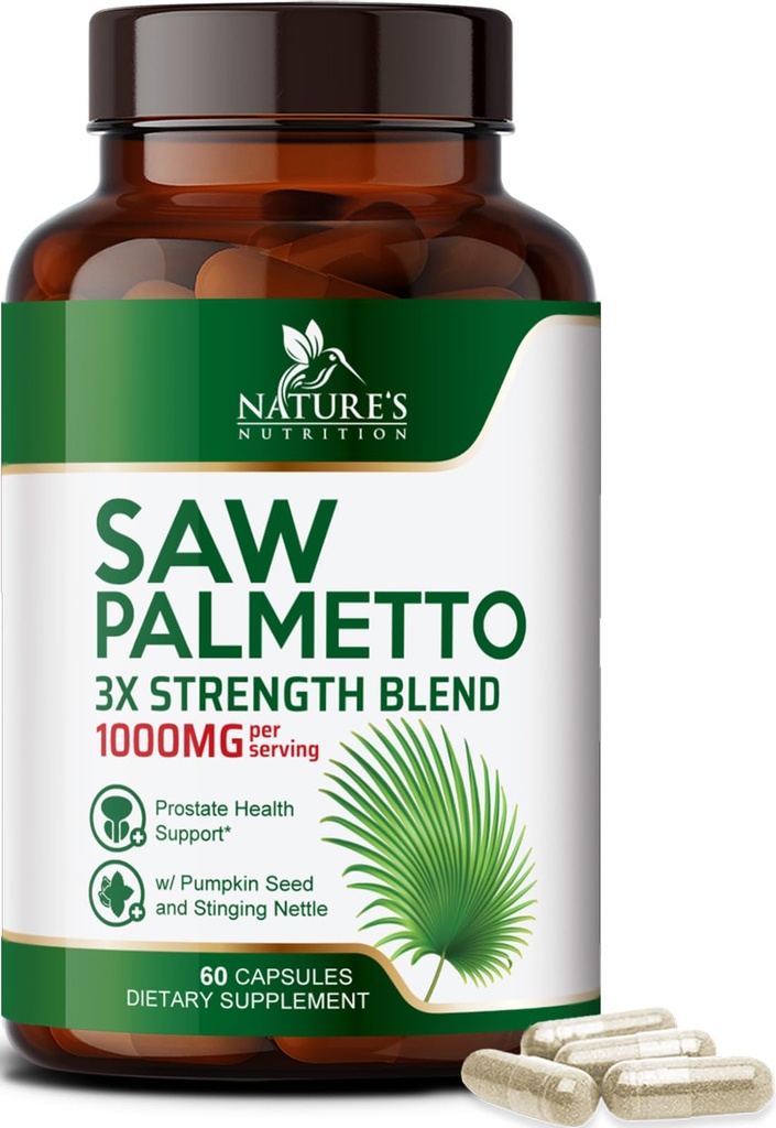 Saw Palmetto za moške 1000MG - 3X Strength Prostata Health Supplement - Herbal Extract Supplement - Prostata Dodatki za moške zdravstvene podpore, Prostata urinarne in las zdravstvene podpore - 60 kapsul