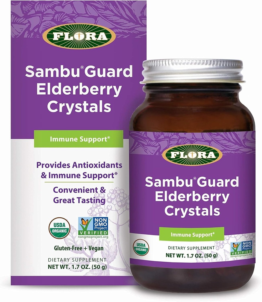 Flora - SambuGuard Elderberry Crystals, Zagotavlja antioksidantov in imunske podpore, Okrepiti imuniteto, Detox telo, Boost Energy, 1,7-oz. Prašek