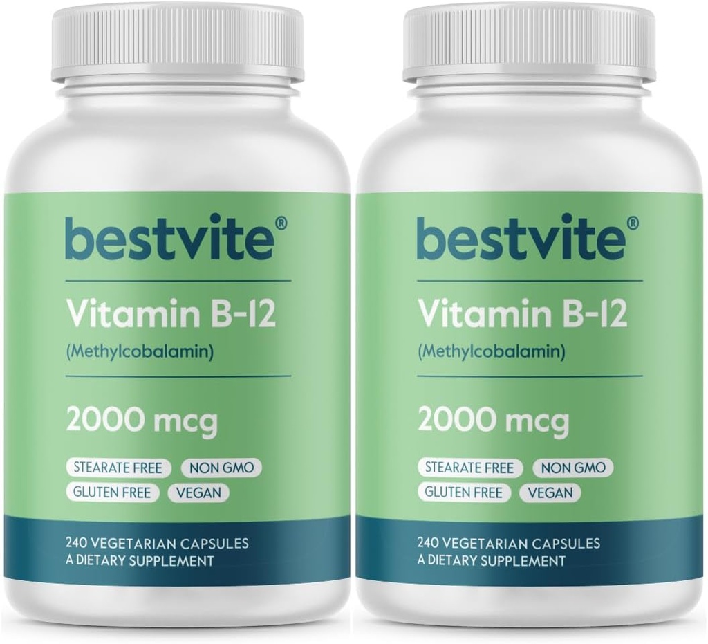 BESTVITE Vitamin B12 (metilkobalamin) 2000mcg (480 vegetarijanskih kapsul)(2 x 240) (metil B12) - brez stearat - vegan - brez GSO - brez glutena