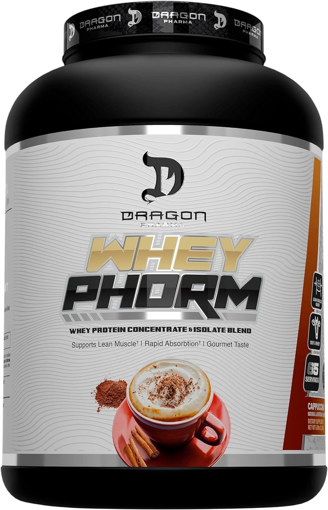 DRAGON PHARMA Whey proteini mešanica, hitra absorpcija, Gluten Free, 100% Whey Protein, WheyPhorm, Maximize Recovery, Great Degustacija, 25 Gram beljakovin (65 Serving, Cappuccino)