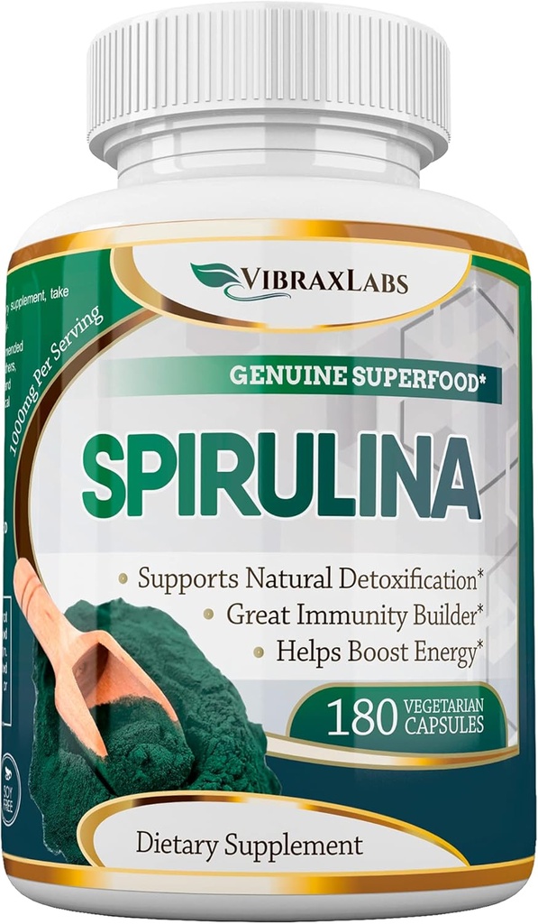 vibraxlabs Spirulina Kapsule – 100% Pure 1000mg Serviranje (500mg Veggie Kapsules) v prahu dodatek, podpira naravno razstrupljanje, koristi zdravje na celični ravni, najboljše s klorolom