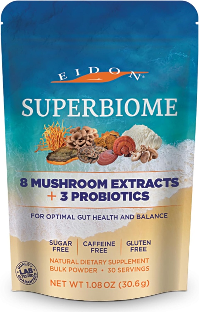 Eidon SuperBiome, gobe probiotiki v prahu mešanica, Gut Balance, Microbiome Health dodatek z organski Reishi, Chaga, Lion's Mane, Cordyceps, Turčija Tail, Shitake, Maitake, Phelinus, 30 Servinges