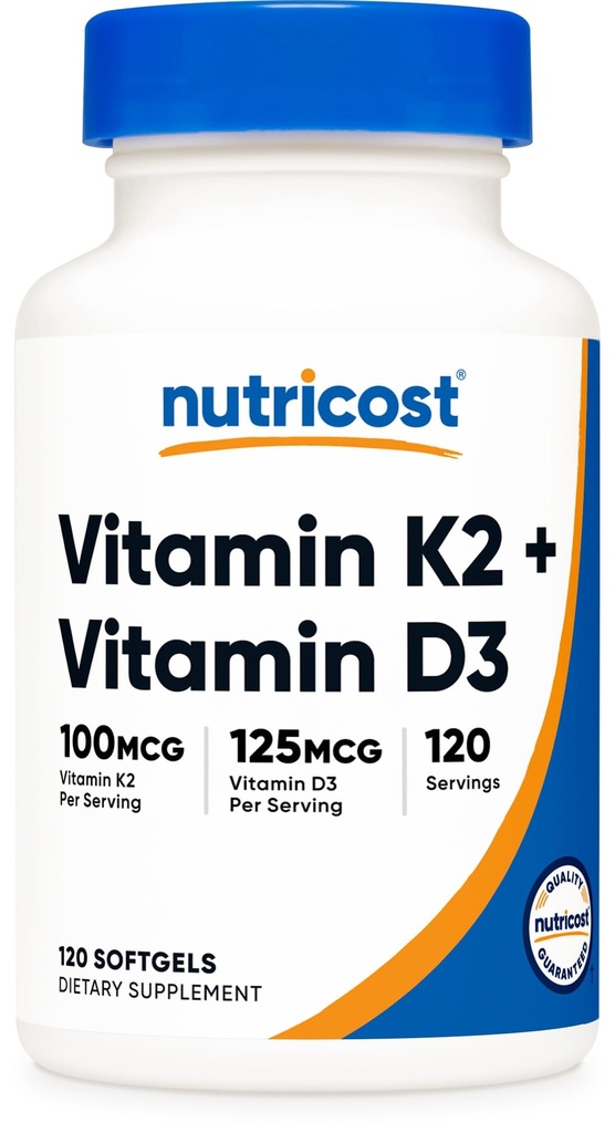 Nutricost Vitamin D3 + K2 (5000 i.e. D3 / 100mcg MK7), 120 Softgels – Gluten-free in Non-GMO