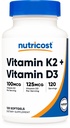 Nutricost Vitamin D3 + K2 (5000 i.e. D3 / 100mcg MK7), 120 Softgels – Gluten-free in Non-GMO