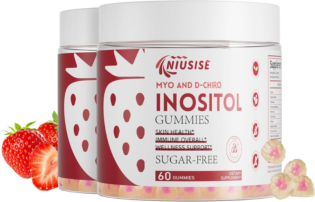 Inozitol Gumies, Inositol dodatek z Myo-Inositol & D-Chiro Inositol + vitamin D3, Ideal 40:1 Razmerje, z magnezijem Glycinat 400mg, Podpira regularni cikel za ženske, Vegan, 2 paket