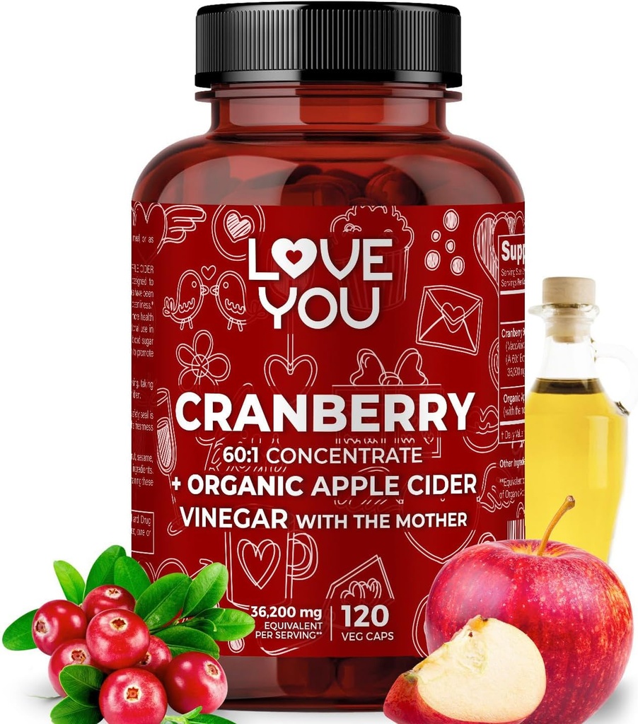 Love You Cranberry 60:1 Extract + Organic Apple Cider Vinegar – Max Jakost 36,200 mg Enakovredno – 120 Veganske kapsule – Serin Tract & Digestive Support