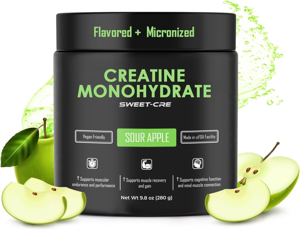 Kreatin monohidrat – 5g Kreatin monohidrat v prahu – Napredni kreatin za ženske in moške – Bulk Supplements Kreatin – Okusna aroma sadnih kosmičev – 10oz (40 strežnic, sour jabolko)