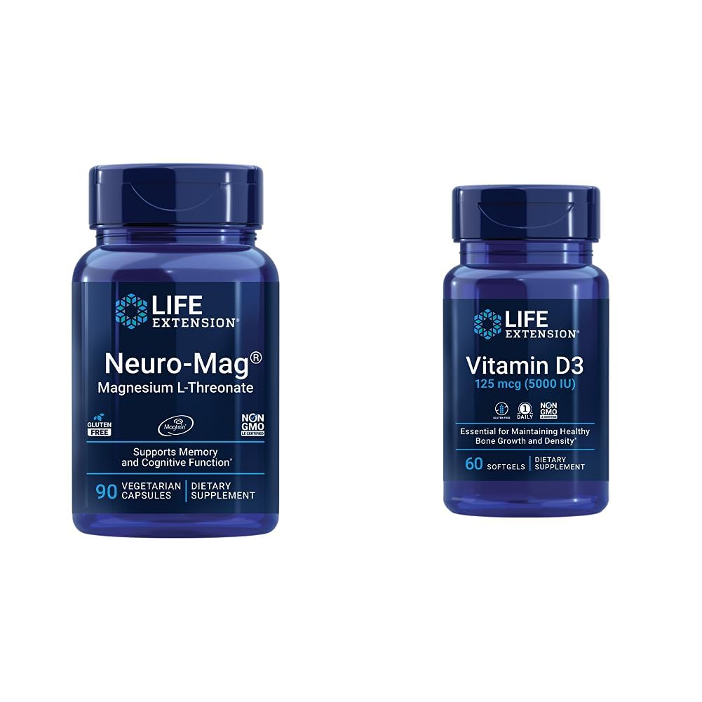 Life Extension Neuro-mag Magnezijev L-treonat in vitamin D3 dopolnilna mešanica za zdravje možganov, kosti in imunskega sistema