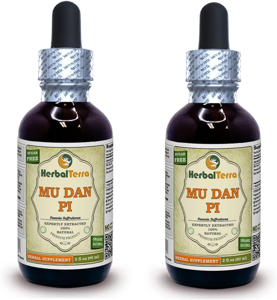 Mu Dan Pi, Tree Peony (Paeonia Suffruticosa) Tinktura, Organski posušeni izvleček vode (Brand name: HerbalTerra, Ponosno izdelan v ZDA) 2x2 fl.oz (2x60 ml)