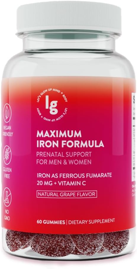 Železo Gumies – 20 mg Visoka absorpcija Železo + Vitamin C, B12 & Folat – Vegan, Ne-GMO, Gluten-free – Podpora za energijo in anemijo – 60 Ct