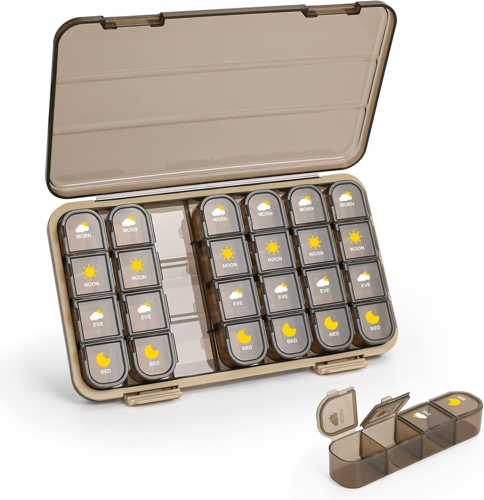 Organizator tablet 4 krat na dan, 7 dan tablete Box 4 krat na dan - Acedada Weekly Medicine Box Organizer z ločenim primeru, Prenosni dnevno tablet vsebnik Dispenser za vitamine ribje olje dopolnila, Brown