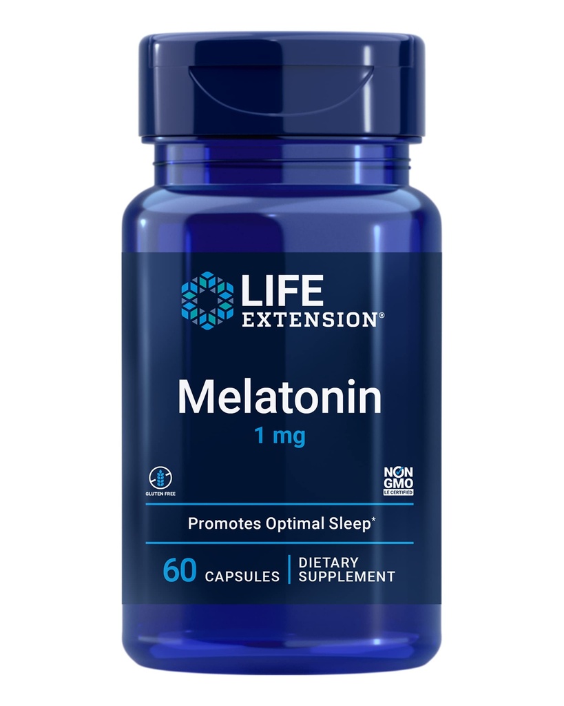 Life Extension Melatonin 1 mg - za mirno noč, hormonsko ravnovesje in imuno zdravje - takojšnja sprostitev - Gluten-free, Non-GMO - 60 kapsul