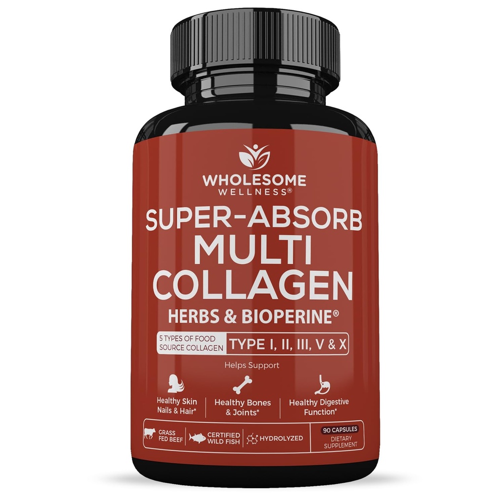 Zdrava wellness Super-Absorb Več kolagenske tablete (tip I II III V X) Organic Herbs & Bioperine - Lasje, koža, nohti - Hidrolizirano Peptide Beljakovine Dopolnilo za ženske in moške (90 kapsul)
