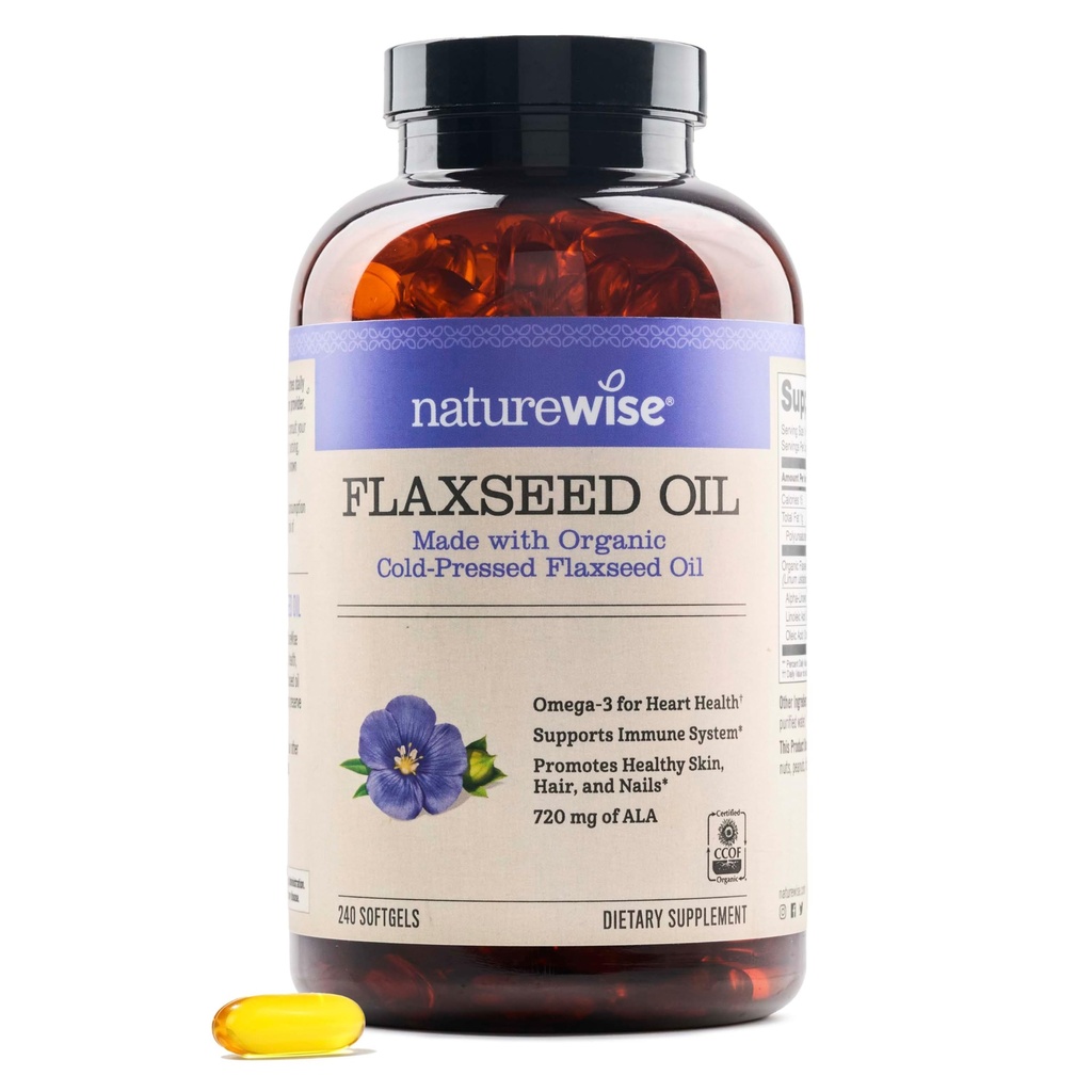NatureWise Laneno olje 1.242 mg, Ribe Free Omega 3 6 9 z 720mg ALA, prehranska dopolnila za podporo zdravju srca - organska, hladno stiskana, Non-GMO - 240 Softgels[8-mesečna zaloga]