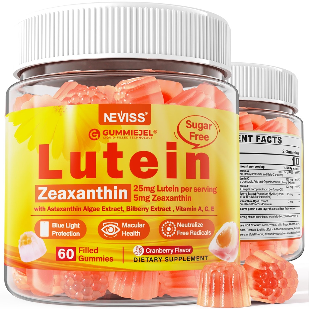 Sugar-free Lutein Zeaksantin dopolnila Gumies (25mg) Vitamini A, C, E, Bilberry, Astaksantin - Kokosovo olje za boljšo absorpcijo - Odrasli in najstniki Vision Zdravje, oči, suhe oči - Vegan, 60Cts