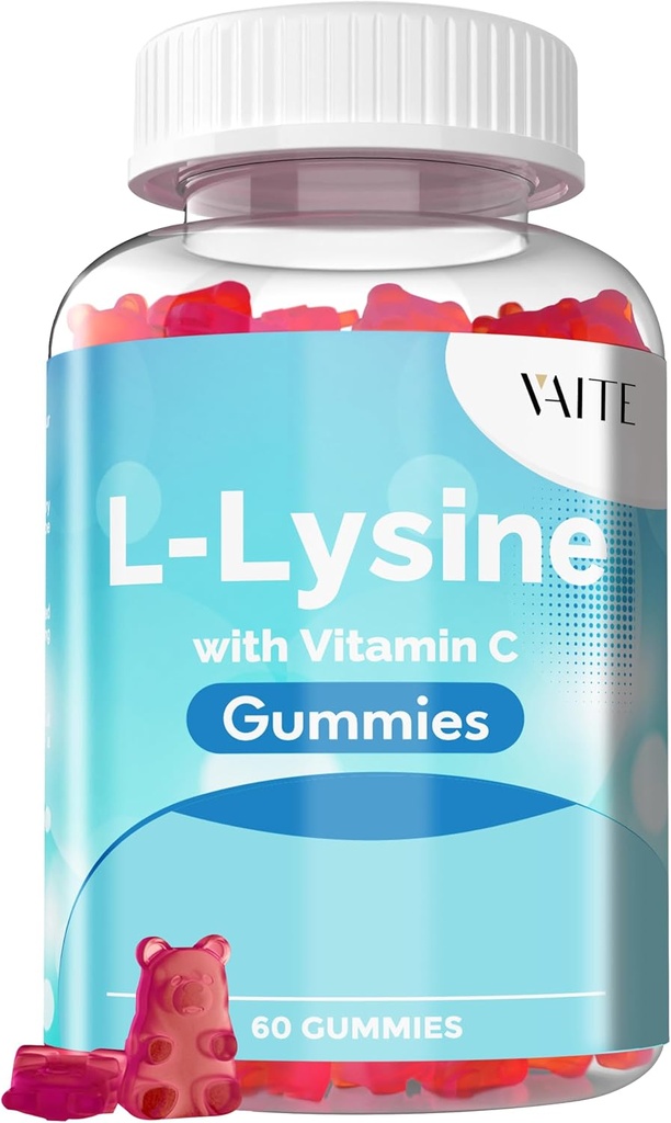 VAITE L-Lysine 800mg Gumiji z vitaminom C - kožo, ustnicami in prehladom* Podpora za ženske - lizin za odrasle, podpira zdravje tkiva in imunski sistem, aminokisline in kompleksne dodatke, 60 Vegan žvečljivi