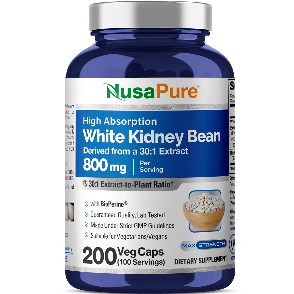 NusaPure bela ledvična zrna 30:1 ekstrakt, 800 mg ekvivalentno 24.000 mg 200 veganskih kapsul - bioperin - (Vegan, Non-GMO)