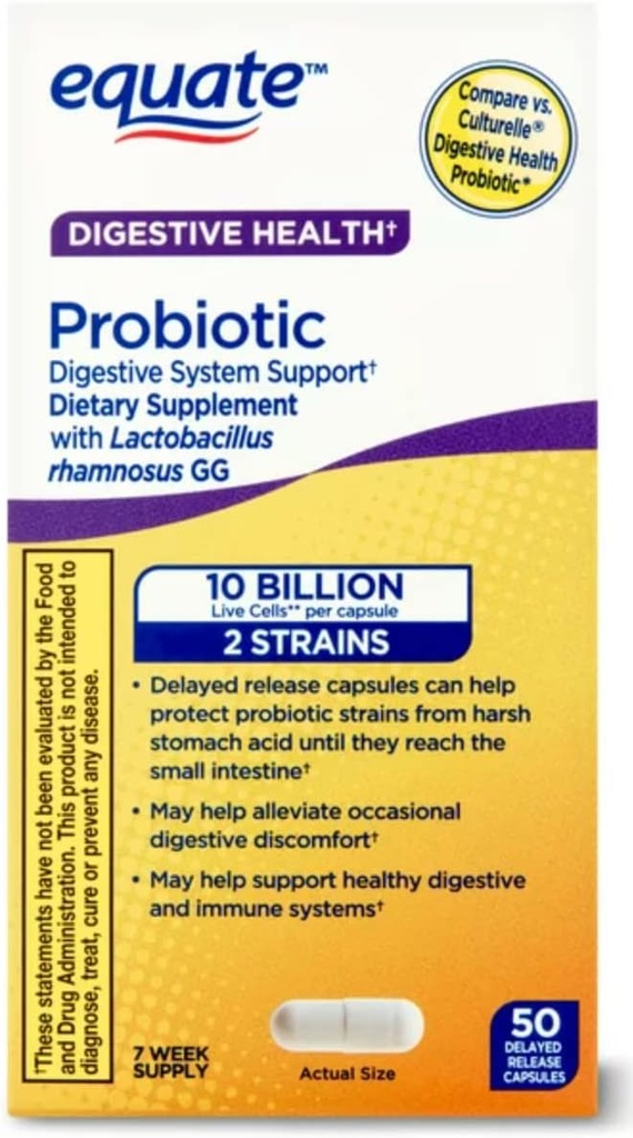 Equate Probiotic Supplement Digestive System Support - Splošna digestivna zdravstvena podpora - Zmanjša zaprtje, driska, plin in napenjanje - Zakasnjena sprostitev kapsule, 50 Število