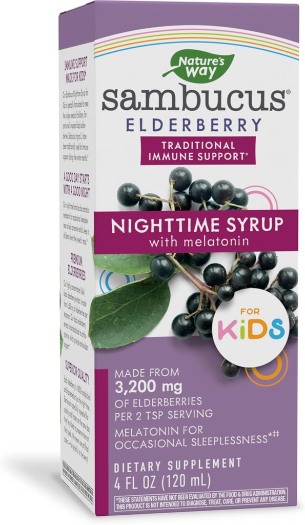 Naravoslovna pot Sambucus Elderberry Nočni sirup za otroke z melatoninom, Imunska podpora*, 4 Fl Oz