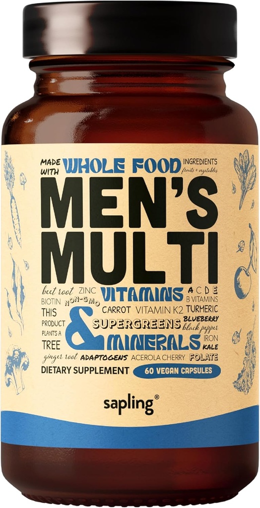Multivitamin za moške - dnevni moški multivitaminski - metiliran B kompleks s celimi živilskimi sestavinami, vitamin B12, folat, A, C, D3, E, K2, ekološko sadje in zelenjava - Vegan, Non-GMO - 60 Caps