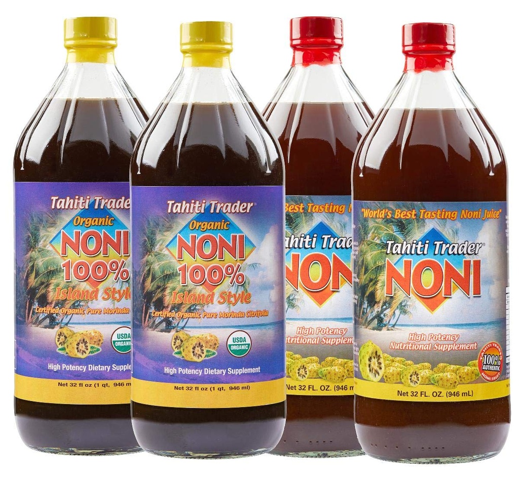 TAHITI TRGOVEC Mix & Match - Original High-Potency Noni & 100% Noni Island Style Juice - Organic Antioksidant Superfood Juice Podpora energetika in zdravje telesa - (32oz, 4 Pack)