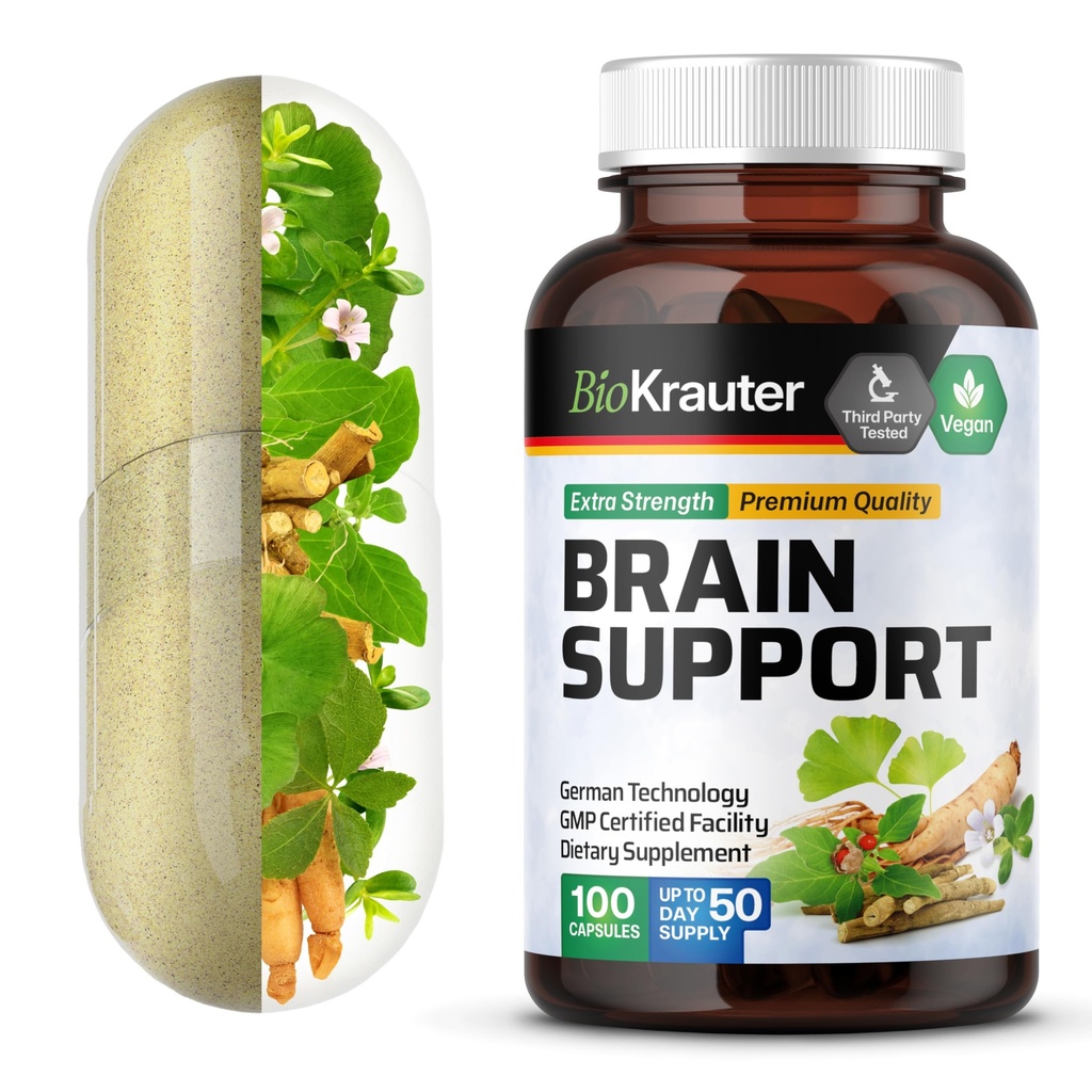 BIO KRAUTER Podpora za možgane - 100 Count - 1300 mg Mešanica Ashwagandha, Panax Ginseng in Ginkgo Biloba - Vegan, brez polnil
