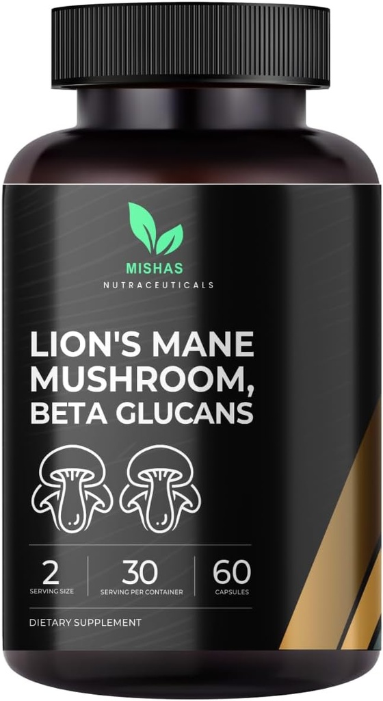 Mishas Lions Mane Supplement - Ekološki Lions Mane - Podpora za zdravje možganov - Podpora gob za fokus in spomin, Imunski in živčni sistem Ženske in moški - 60 Veganske kapsule