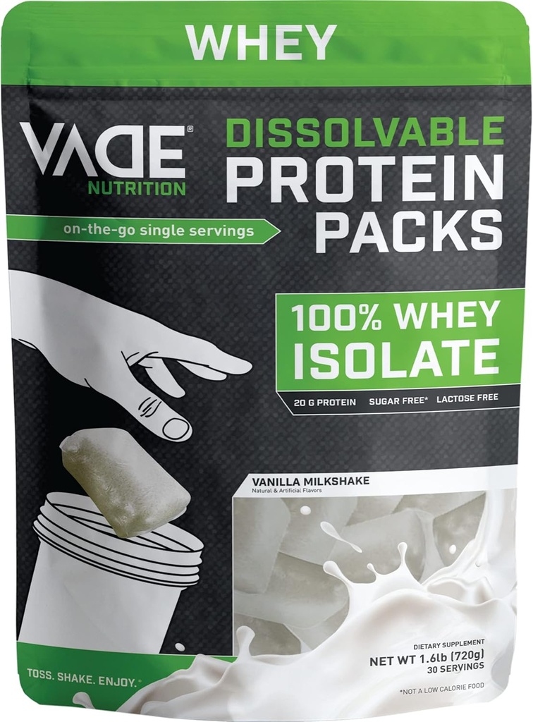 VADE Nutrition Dissolable Protein Packs - 100% Whey Isolate Protein Powder Vanilla Milkshake - Nizki ogljikovi hidrati, brez laktoze, brez sladkorja, brez maščob, brez glutena - 30 Packets to Go