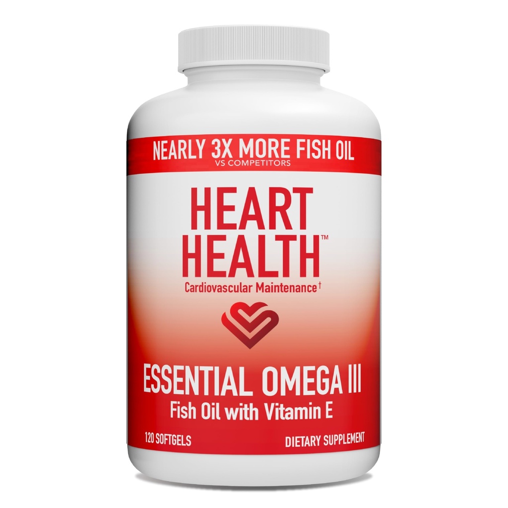 Heart Health Essential Omega 3 ribje olje z vitaminom E - Visoka moč Omega 3 ribje olje dodatek z EPA & DHA - Burpless Softgels iz sardin in sardin - Non-GMO, Gluten Free - 60 Servings