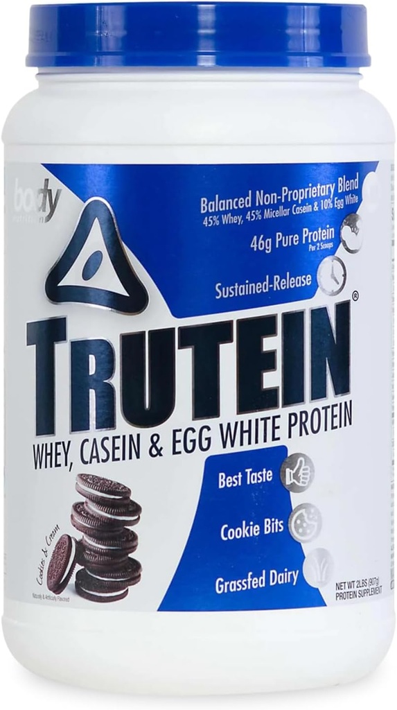 Body Nutrition Trutein Visoke beljakovine v prahu: 45% Whey, 45% Kazein, 10% Jajčne bele beljakovinske mešanice, nizko natrij, Beljakovine z nizko vsebnostjo ogljikovih hidratov v prahu za moške in ženske, Piškotki in krema, 2 kg
