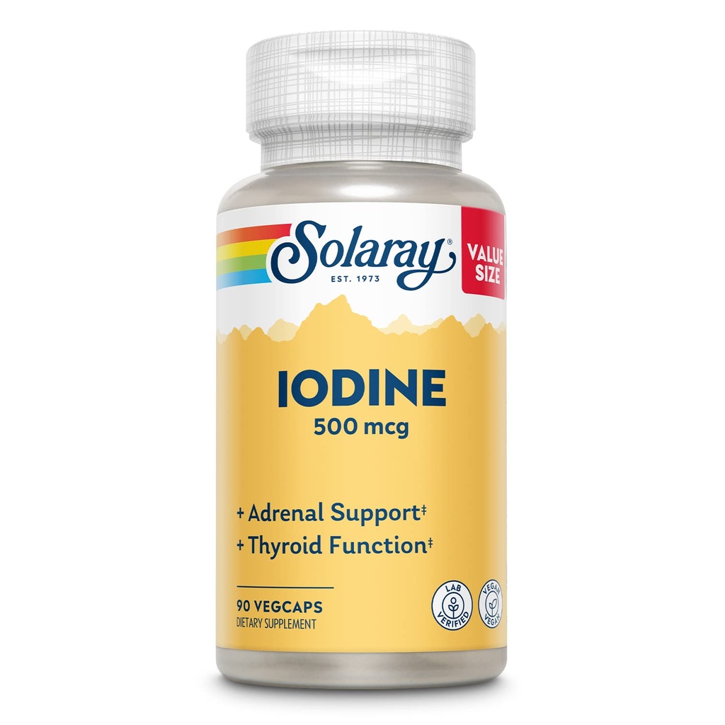Solaray Jodine 500 mcg, Jodine dodatek za zdravo adrenalno in ščitnico podporo, energijo, Presnova, in Fokus, Kalijev jodid, Vegan, 60-dnevni denar nazaj garancije, 90 Serving, 90 VegCaps