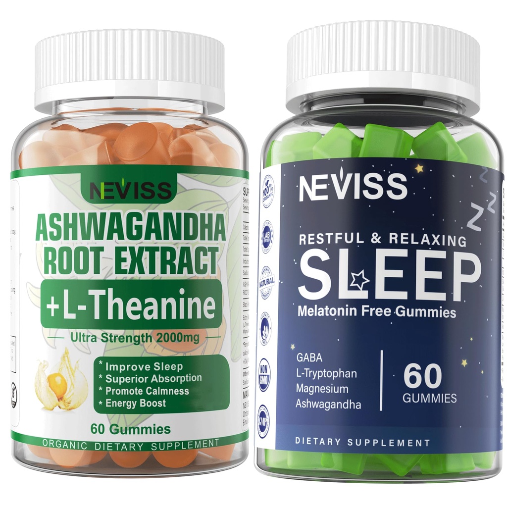 NEVIS Melatonin Free Sleep Gumies + Ashwagandha Gumies 2000mg