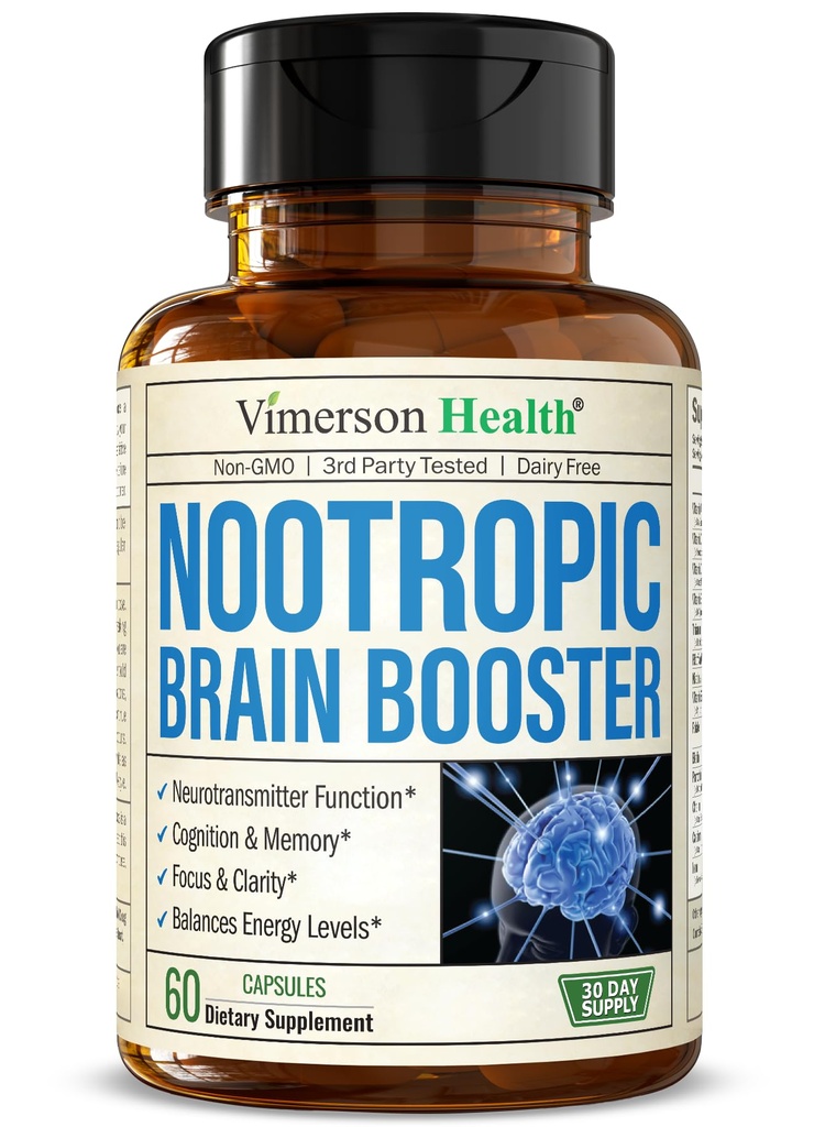 Nootropics Brain Support Supplement - Nootropic Brain Booster za izboljšano osredotočenost, koncentracijo in spomin. Brain Nootropic za zdravje možganov, Mood & Energy Support. Ne-GMO. Narejeno v ZDA. 60 kapsul