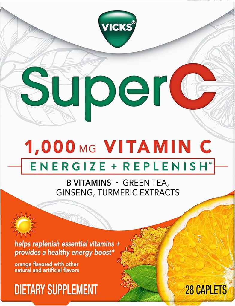 Vicks Super C Energize + Relevantna dnevna prehrana dodatek z vitaminom C, B vitamini, zeleni čaj, ginseng, in kurkuma ekstrakti, ki pomagajo obnoviti bistvene vitamine*, 28 Kapleti